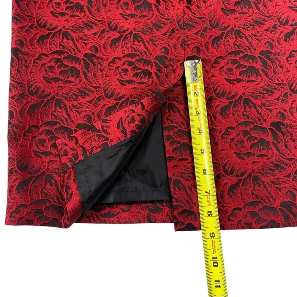 Calvin Klein Jacquard Roses Pencil Skirt 6 Black Red Dark Floral Vamp Party - Picture 9 of 12